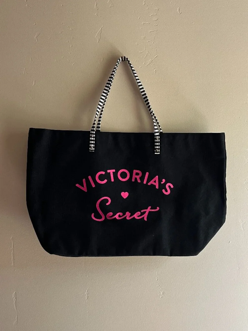 Victoria's Secret Black Canvas Beach summer travel Tote bag striped y2k oversize